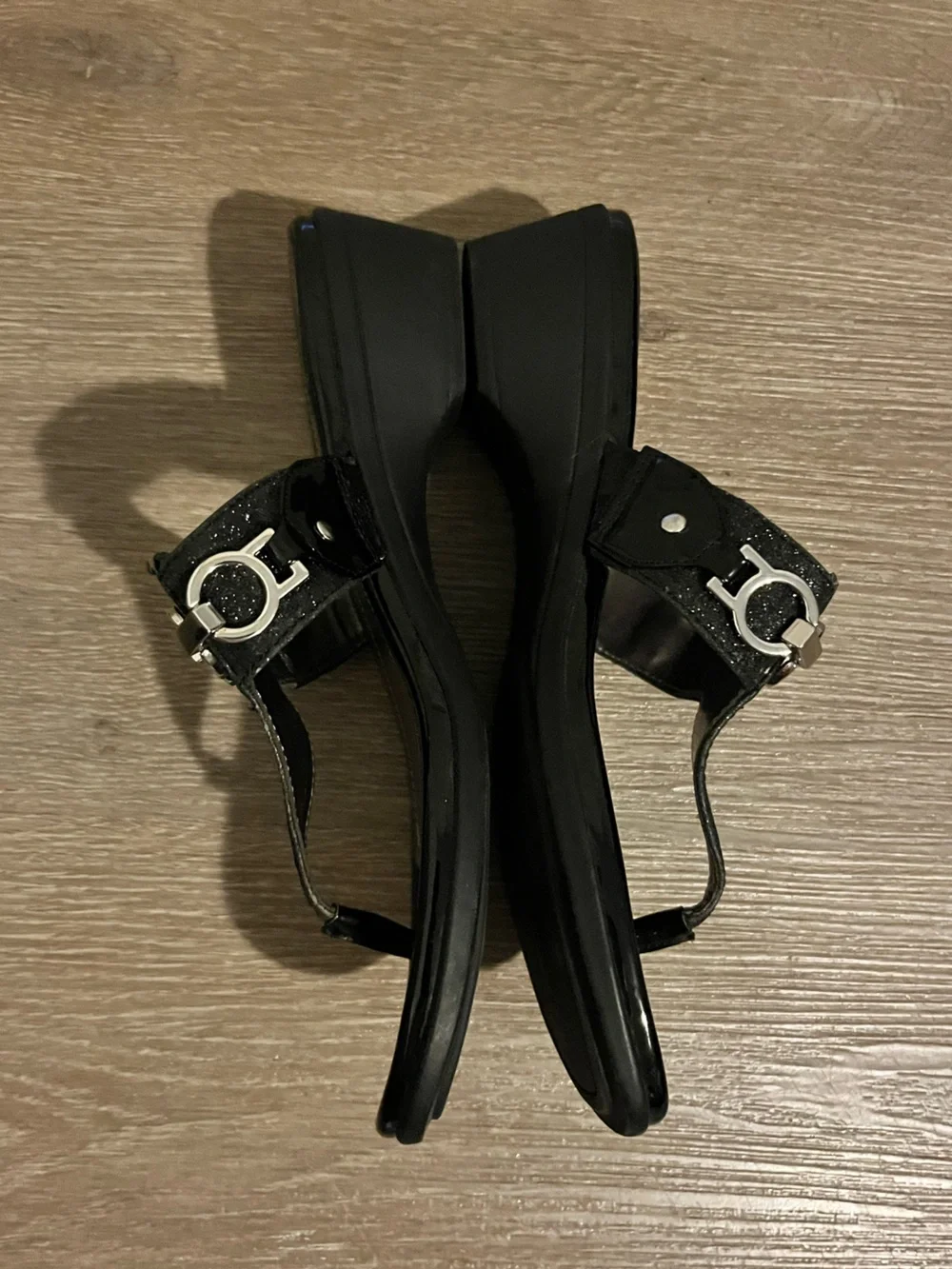 Marc Fisher Black Glitter Chain-Detail Women's Sandals